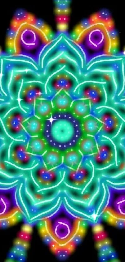 Colorful neon kaleidoscope pattern wallpaper.