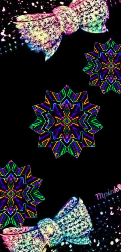 Abstract kaleidoscope art with geometric patterns and colorful bows on black.