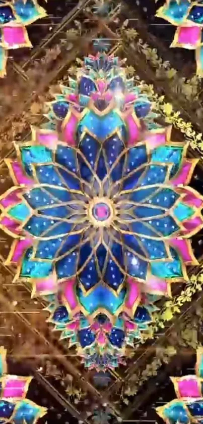 Intricate kaleidoscope design with vibrant colors in blue and pink hues.