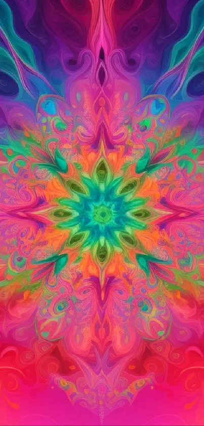 Vibrant kaleidoscope art wallpaper with colorful symmetrical patterns and floral elements.