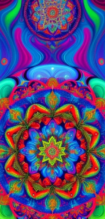 Vibrant psychedelic mandala wallpaper with colorful patterns.