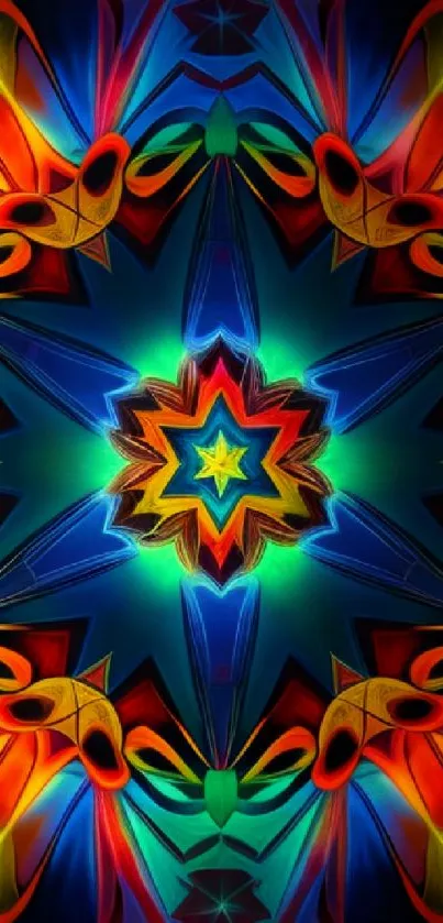 Vibrant kaleidoscope art wallpaper with colorful symmetrical patterns and dark blue center.