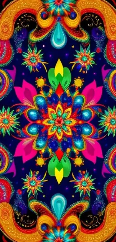 Vibrant kaleidoscope pattern with rich colors and psychedelic motifs.
