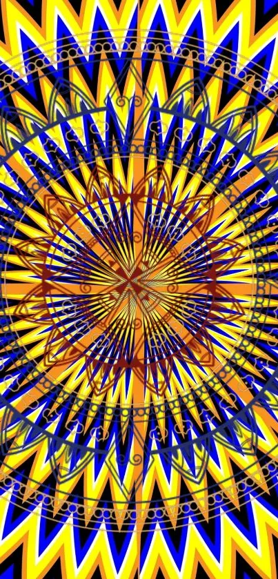 Vibrant geometric kaleidoscope mandala wallpaper in yellow and blue hues.