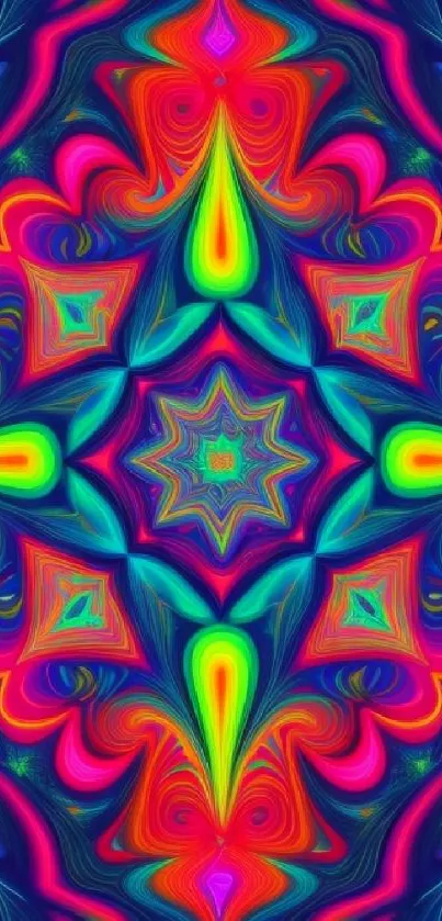 Psychedelic geometric wallpaper with vibrant colors.