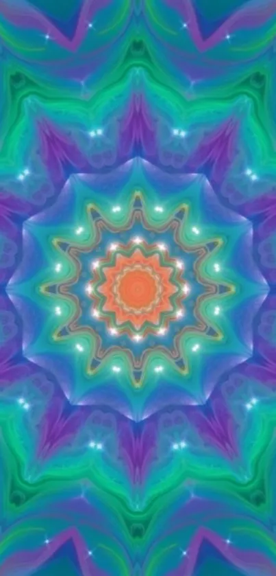 Colorful kaleidoscope design with teal, purple, and orange hues.