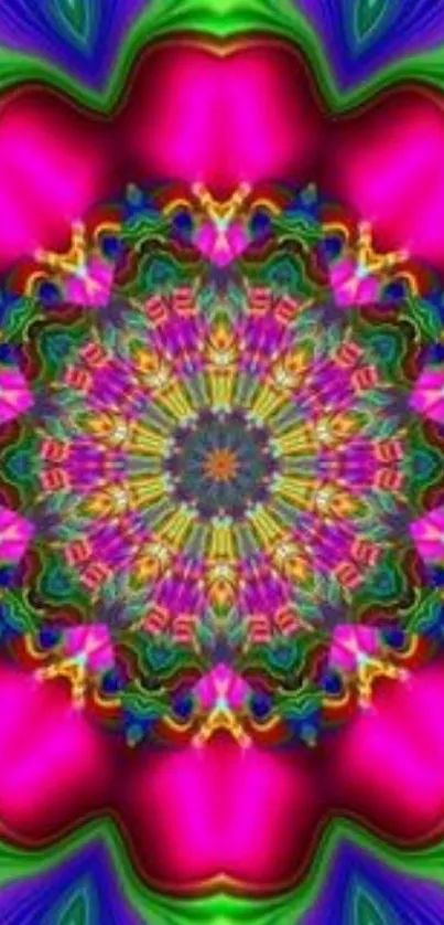 Bright pink kaleidoscope mandala with vibrant patterns.