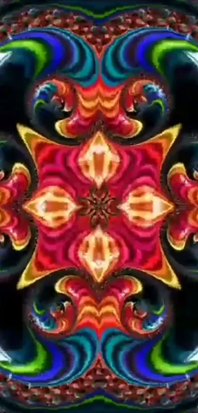 Vibrant kaleidoscope pattern with red, blue, and orange hues.