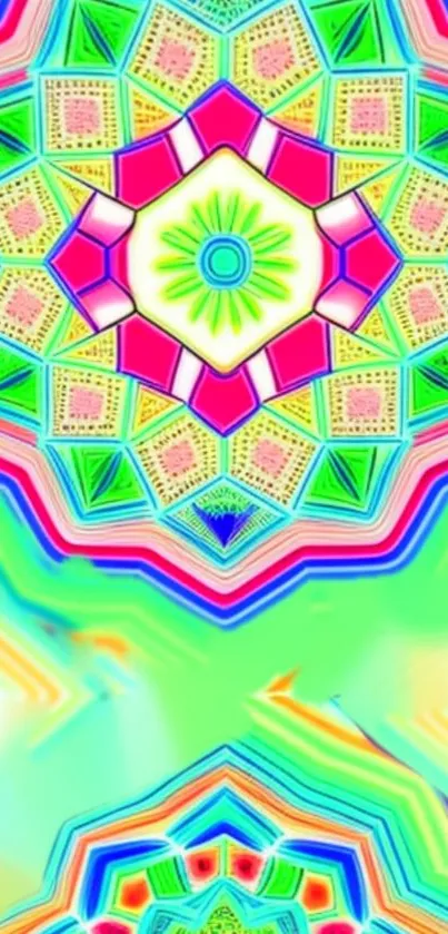 Vibrant kaleidoscope wallpaper with bold geometric patterns and bright colors.