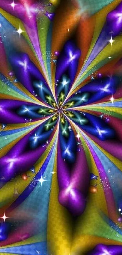 Vibrant kaleidoscope art with purple, blue, and gold colors.