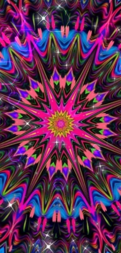 Dynamic kaleidoscope wallpaper with vibrant pink star design.