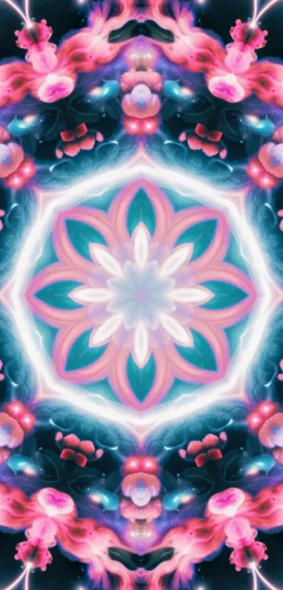 Vibrant pink and blue kaleidoscope art wallpaper with intricate patterns.