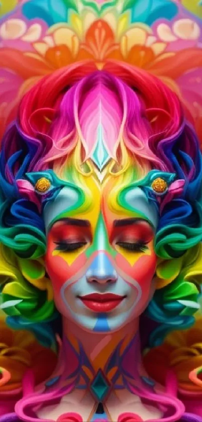 Colorful and vibrant kaleidoscope art wallpaper featuring a surreal portrait.