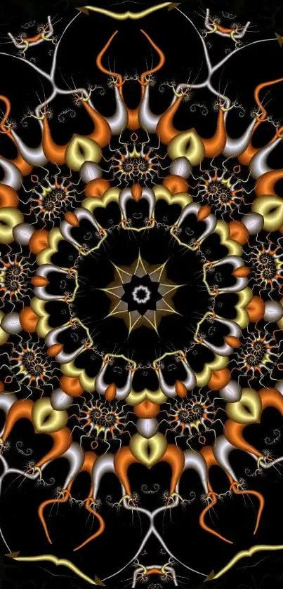 Vibrant kaleidoscope art with orange and gold geometric patterns on a black background.