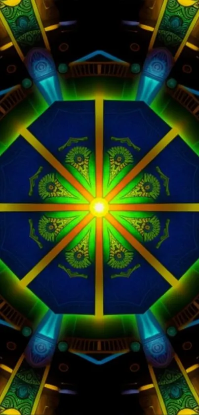 Vibrant kaleidoscope wallpaper with green, blue, and yellow geometric patterns.