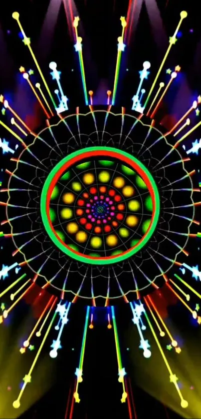 Colorful kaleidoscope pattern with geometric shapes on a black background.