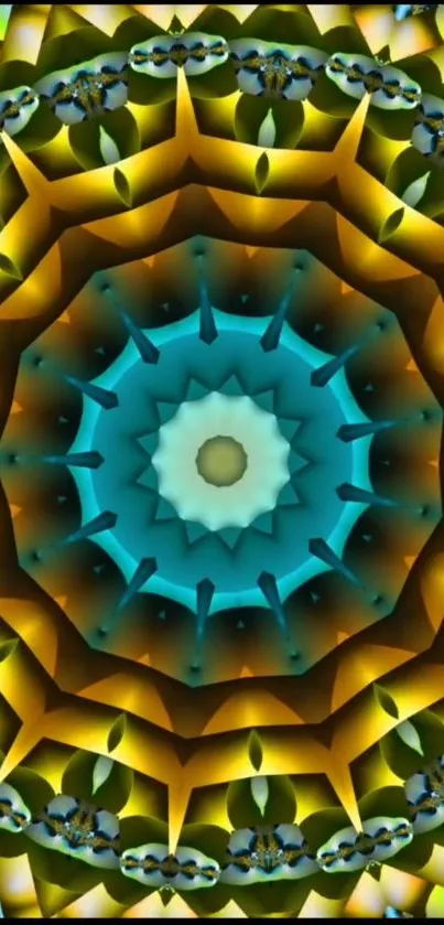 Vibrant kaleidoscope art with blue and yellow colors.