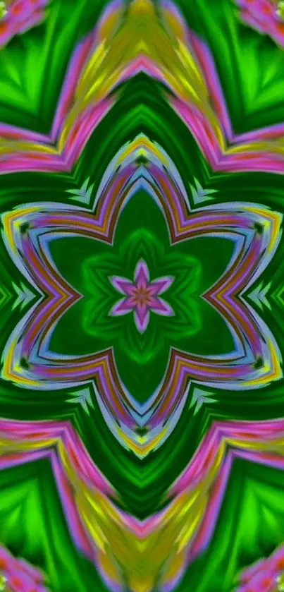 Vibrant kaleidoscope pattern with green, pink, and purple accents on a mobile wallpaper.