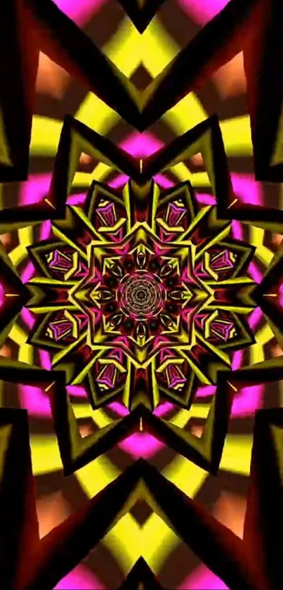 Vibrant kaleidoscope pattern with geometric design in pink and yellow hues.