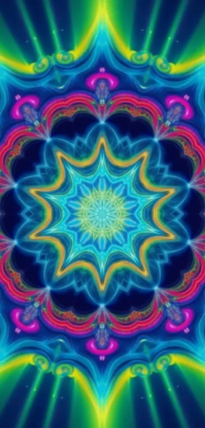 Vibrant kaleidoscope design with blue, green, and pink hues.