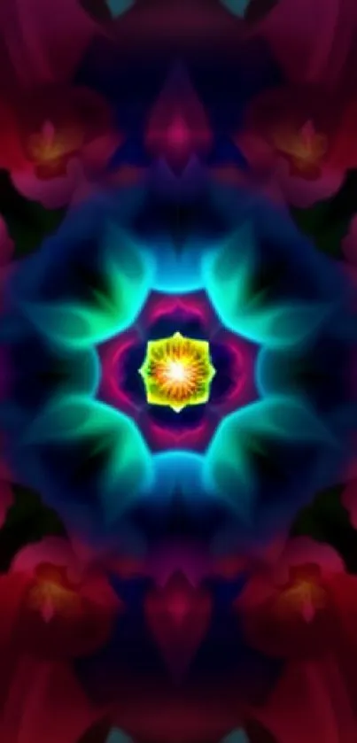 Vibrant kaleidoscope design mobile wallpaper with symmetrical patterns and rich colors.