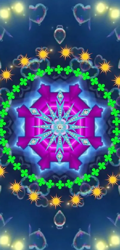 Vibrant kaleidoscope design with geometric patterns and bright colors.