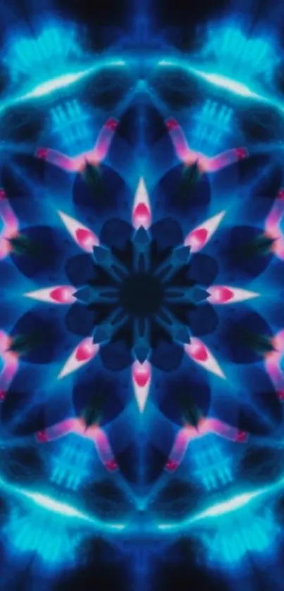 Vibrant kaleidoscope pattern wallpaper with electric blue and pink hues.