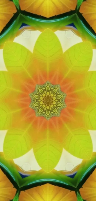 Vibrant kaleidoscope floral wallpaper with yellow and green leaves.