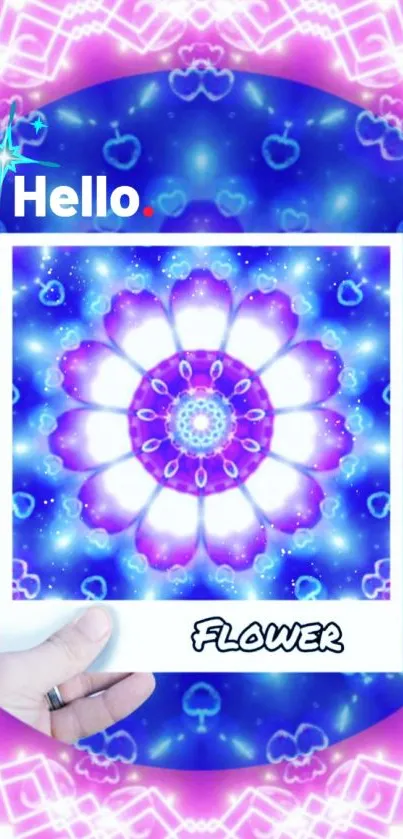 Kaleidoscope flower wallpaper with vibrant blue tones.