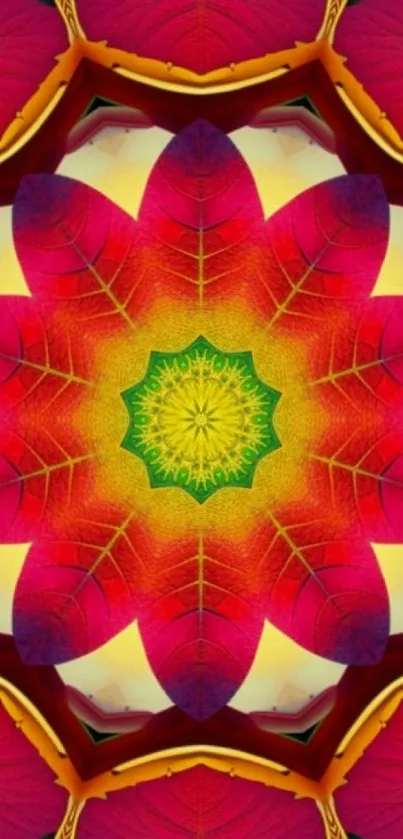 Colorful kaleidoscope flower design with red, yellow, and green hues.