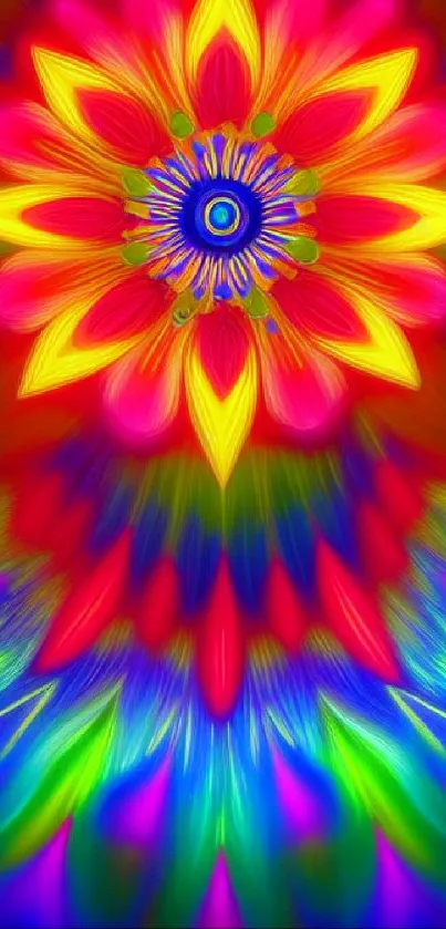 Vibrant kaleidoscope flower with red, yellow, and blue colors.