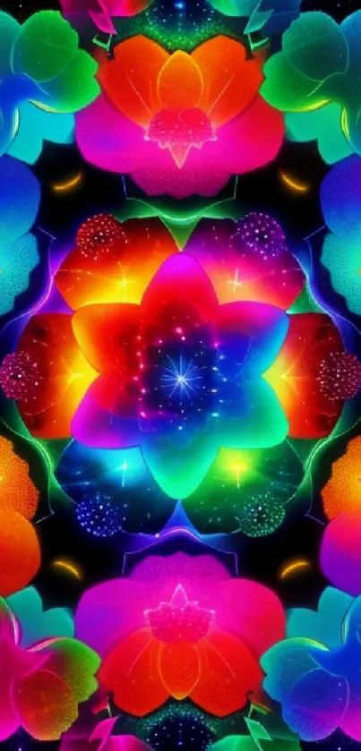 Vibrant kaleidoscope flower pattern in vivid colors.