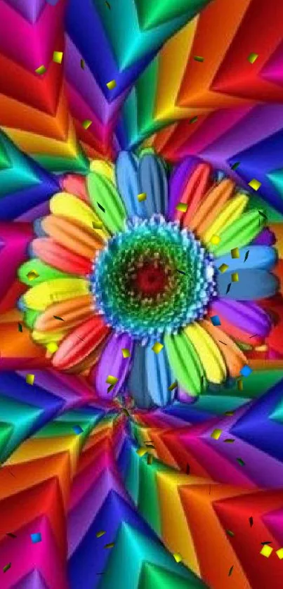 Colorful kaleidoscope flower wallpaper with rainbow geometric patterns.