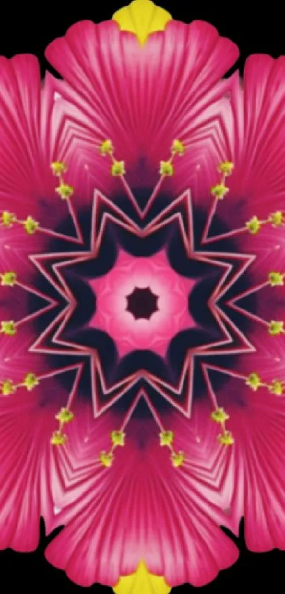 Vibrant pink and yellow kaleidoscope flower wallpaper.