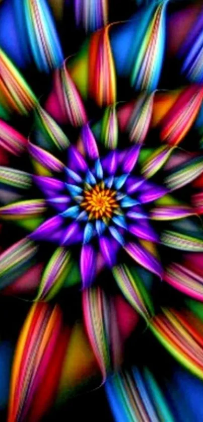 Vibrant kaleidoscope flower with psychedelic colors for mobile wallpaper.