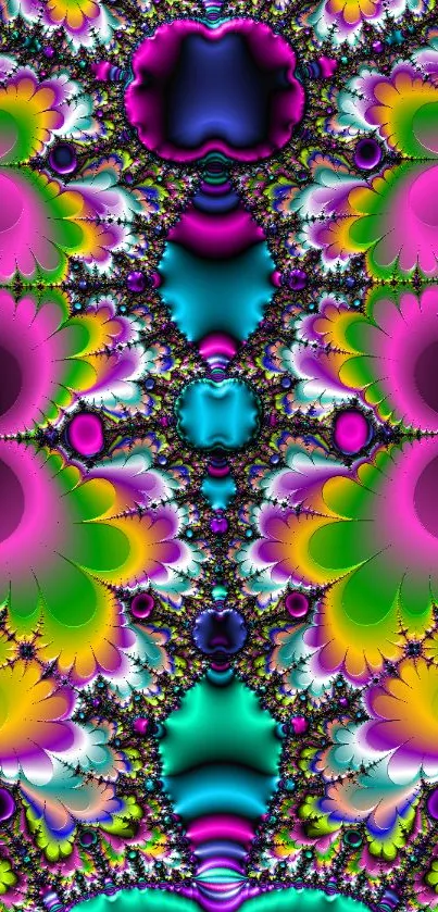 Colorful fractal art with vibrant kaleidoscope patterns in pink, blue, green hues.