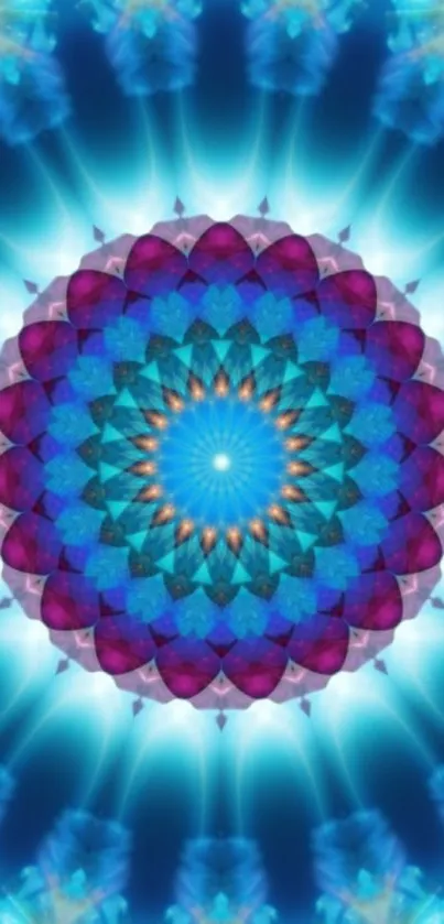 Vibrant kaleidoscope mandala with blues and purples.