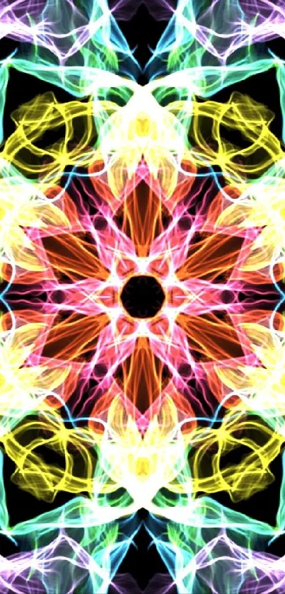 Vibrant kaleidoscope mandala with neon colors on a black background.