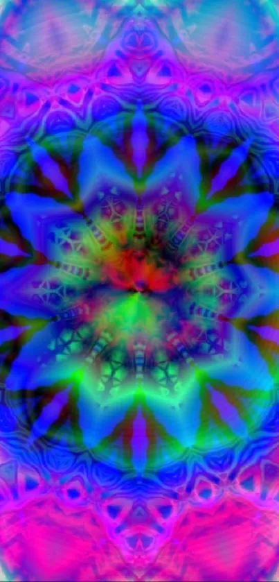 Colorful kaleidoscope mandala wallpaper in vibrant blues, pinks, and greens.