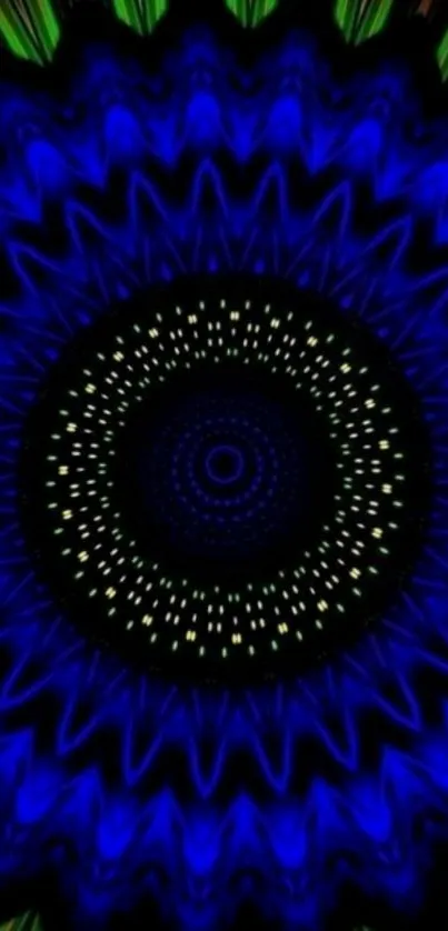Vibrant blue kaleidoscope mandala wallpaper with intricate patterns.