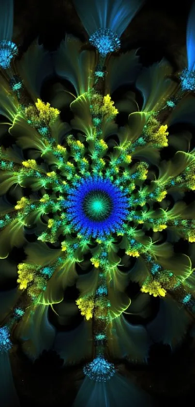 Vibrant kaleidoscope mandala with blue and green patterns