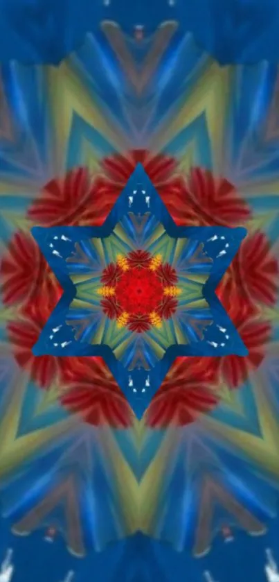 Blue and red kaleidoscope mandala wallpaper with vibrant symmetrical design.