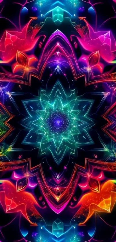 Vibrant neon kaleidoscope design wallpaper for mobile phone.