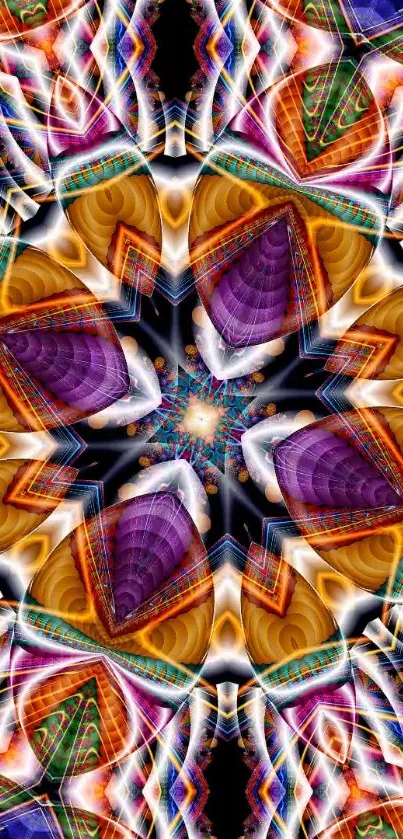 A vibrant kaleidoscope design with geometric patterns in purple and orange hues.