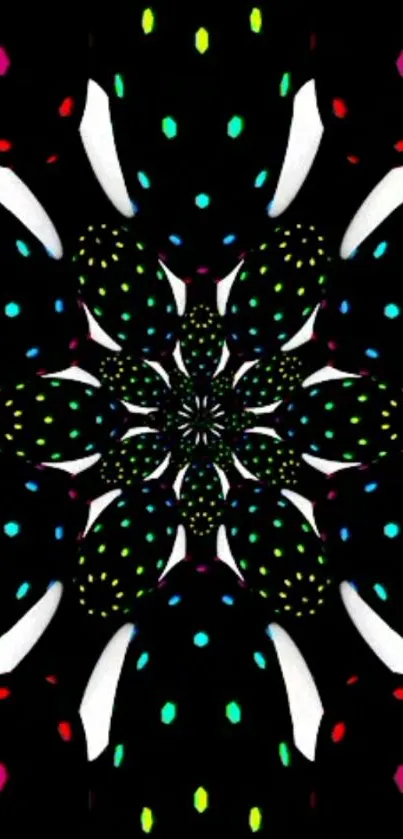 Kaleidoscope mobile wallpaper with neon dots on black background.