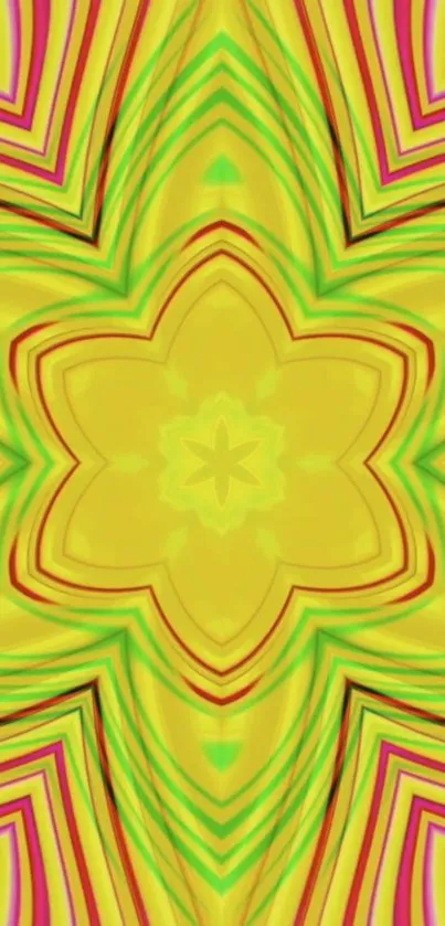 Colorful kaleidoscope design with yellow, green, and pink patterns.