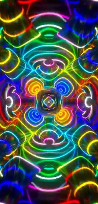 Abstract neon kaleidoscope design with vibrant colors.