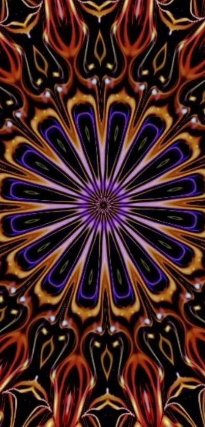 Intricate vibrant kaleidoscope pattern wallpaper with reds and purples on black background.