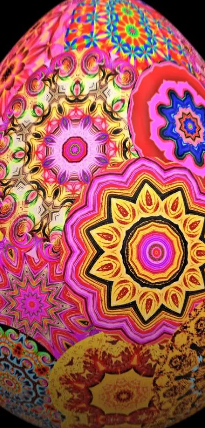 Vibrant kaleidoscope pattern with geometric designs in pink, orange, and blue.