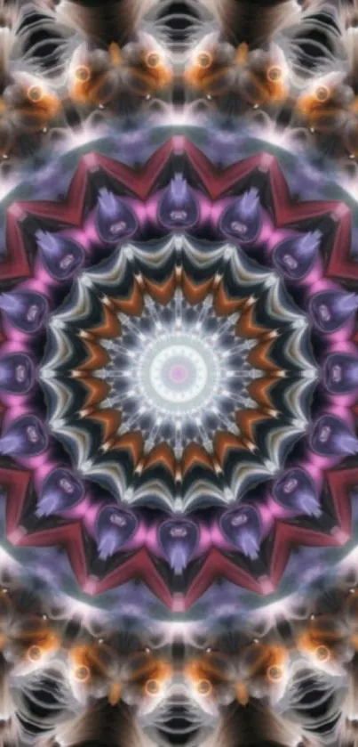 Colorful kaleidoscope pattern with purple, orange, and grey hues on a mobile wallpaper.